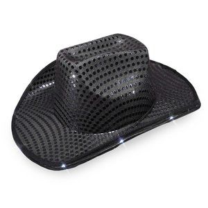 BLACK SEQUIN Light Up LED Flashing Cowboy Hat with SEQUINs‎ WHITE LEDS, Cowgirl